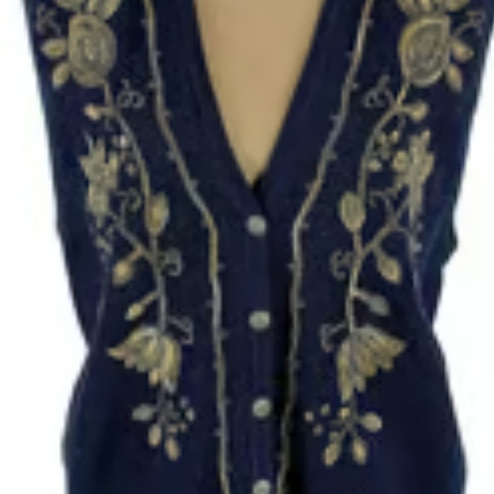 Vtg Koret MP Navy Blue  Embroidered RamieCotton V-NeckButtonUp Knit Women’s Vest